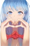 1girl alternate_hairstyle blue_eyes blue_hair bow chinese_commentary close-up hair_bow hatsune_miku heart heart_hands highres jijing_zishui light_blush looking_at_viewer red_bow solo vocaloid 