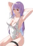 1girl absurdres armpits arms_behind_head arms_up bangs breasts casual_one-piece_swimsuit cleavage collarbone covered_navel eyebrows_visible_through_hair girls_frontline groin hair_between_eyes highleg highleg_swimsuit highres large_breasts long_hair medium_breasts neoguri one-piece_swimsuit purple_hair red_eyes shiny shiny_hair sideboob simple_background sitting solo star_cutout straight_hair swimsuit thigh_strap very_long_hair white_background white_swimsuit zb-26_(girls_frontline) 