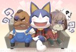  4boys :&lt; anger_vein animal_crossing animal_ears annoyed antenna_hair argyle_shirt arm_around_shoulder arms_up bald bangs barefoot black_eyes black_footwear blank_eyes blush boots brown_hair cat_boy cat_ears clenched_teeth closed_eyes closed_mouth commentary_request couch crossed_legs digby_(animal_crossing) dog_boy dog_ears freckles full_body furry gradient gradient_background green_pants hands_together happy jacket k.k._slider_(animal_crossing) male_focus mr._resetti multiple_boys necktie o_o open_mouth outline outstretched_arms overalls pants pink_background red_jacket red_shirt rover_(animal_crossing) shirt short_hair short_sleeves simple_background sitting sleeveless sleeveless_shirt smile spread_arms suspenders sweatdrop teeth thick_eyebrows translation_request tsutsuji_(hello_x_2) turn_pale very_short_hair white_eyes white_shirt yellow_neckwear 