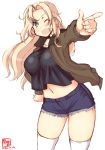  1girl artist_logo black_jacket black_shirt blonde_hair breasts commentary_request cosplay cowboy_shot dated denim denim_shorts foreshortening girls_und_panzer grey_eyes highres hornet_(kantai_collection) jacket kanon_(kurogane_knights) kantai_collection kay_(girls_und_panzer) kay_(girls_und_panzer)_(cosplay) large_breasts long_hair look-alike navel one_eye_closed pointing shirt short_shorts shorts simple_background solo standing thighhighs white_background white_legwear 