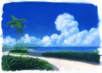  blue_sky bush cloud cloudy_sky cumulonimbus_cloud day ocean original outdoors palm_tree sawitou_mizuki scenery sky traditional_media tree wall 