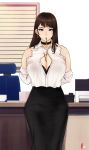  1girl bangs between_breasts black_bra black_choker black_skirt blinds blue_eyes bra breasts brown_hair button_gap chair choker cleavage collared_shirt commission desk dress_shirt food in_mouth korean_commentary large_breasts long_hair long_skirt mole mole_under_eye office_chair office_lady original pocky pocky_day pointing shirt shirt_tucked_in skirt standing underwear white_background white_shirt window zcune 