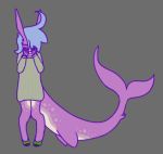  ankle_socks anthro blue_hair clothing dazmier fish footwear hair lamniform low_res magenta_body male marine shark socks solo sweater thresher_shark topwear 