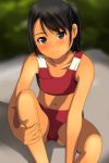  1girl absurdres bangs bare_arms bare_legs bare_shoulders black_hair blurry blurry_background blush brown_eyes buruma closed_mouth collarbone depth_of_field disconnected_mouth eyebrows_visible_through_hair feet_out_of_frame head_tilt highres knee_up looking_at_viewer matsunaga_kouyou navel nose_blush original outdoors ponytail red_buruma sitting smile solo sports_bra stomach tan 