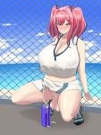  1girl against_fence azur_lane beach blue_hair blush bottle breasts bremerton_(azur_lane) cleavage cloud commentary_request crop_top crop_top_overhang cum dripping fence futanari hidoracon highres large_breasts midriff multicolored_hair navel ocean pink_eyes pink_hair shoes skirt sky squatting testicles tiptoes twintails two-tone_hair 