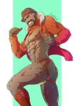  1boy abs ass bara bare_chest beard brown_hair chest clenched_teeth dark_skin dark_skinned_male evinist expedition_uniform facial_hair fur-trimmed_jacket fur_trim gloves helmet highres jacket jockstrap leg_up looking_at_viewer male_focus muscle nipples one_eye_closed open_clothes open_jacket orange_jacket orange_male_underwear orange_neckwear peony_(pokemon) pokemon pokemon_(game) pokemon_swsh short_hair smile solo teeth thick_thighs thighs two-tone_background underwear 