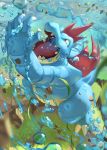  arm_up claws commentary_request feraligatr gen_2_pokemon grass head_back highres leaves_in_wind looking_up no_humans open_mouth orange_eyes pokemon pokemon_(creature) rock sharp_teeth solo standing supearibu teeth tongue water 