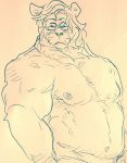  2020 anthro beastars belly clothed clothing eyewear felid fur glasses hair half-length_portrait hi_res ibuki_(beastars) lion looking_at_viewer male mammal mane mature_male monochrome musclegut muscular navel nipples overweight pantherine pecs portrait slightly_chubby solo topless traditional_media_(artwork) whiskers wuffinarts 