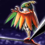  black_sclera claws closed_mouth commentary_request from_below frown gen_6_pokemon glowing hands_up hawlucha kaosu_(kaosu0905) pokemon pokemon_(creature) solo standing wrestling_ring yellow_eyes 