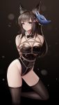  1girl absurdres amagi_(azur_lane) animal_ear_fluff animal_ears arms_behind_back azur_lane bangs bdsm black_legwear black_leotard black_neckwear blunt_bangs bondage bound bound_arms bow bowtie breasts brown_hair chinese_commentary cleavage commentary_request crotch_rope detached_collar fox_ears fox_mask highleg highleg_leotard highres large_breasts leotard long_hair looking_at_viewer makeup mascara mask playboy_bunny purple_eyes pursed_lips restrained shibari shibari_over_clothes sidelocks solo strapless strapless_leotard thighhighs tied_up yuuraku_yuraku 