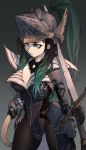  1girl absurdres black_hair breasts cleavage commission dungeons_and_dragons english_commentary fantasy gradient_hair green_hair helmet highres holding holding_sword holding_weapon jin_grey_paladin large_breasts long_hair looking_up multicolored_hair original over_shoulder solo sword weapon 