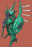  floating gun gundam highres holding holding_gun holding_shield holding_weapon looking_at_viewer mecha no_humans one-eyed palace_athene peter_(peter6409) red_background redesign science_fiction shield solo weapon zeta_gundam 