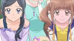  3girls black_hair blue_eyes blue_scrunchie brown_hair closed_mouth collarbone fuurin_asumi hair_ornament hair_scrunchie haruyama_kazunori head_out_of_frame healin&#039;_good_precure hiramitsu_hinata jacket latte_(precure) long_hair looking_at_viewer multiple_girls precure sawaizumi_chiyu scarf scrunchie shirt short_hair twintails white_scarf yellow_shirt 