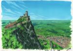  absurdres blue_sky castle dated day forest highres italy landscape mountain nature original outdoors sawitou_mizuki scenery signature sky town traditional_media valley 