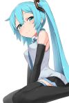  1girl abmayo aqua_eyes aqua_hair aqua_neckwear bangs bare_shoulders between_legs black_legwear black_skirt blush breasts closed_mouth detached_sleeves foot_out_of_frame from_side hair_between_eyes hair_ornament hand_between_legs hatsune_miku long_hair looking_at_viewer looking_to_the_side miniskirt necktie pleated_skirt shirt simple_background sitting skirt sleeveless sleeveless_shirt smile solo symbol_commentary thighhighs twintails v_arms very_long_hair vocaloid wariza white_background zettai_ryouiki 