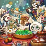  :3 apple armor cake candy_apple cookie doughnut drooling eating felyne fishing_rod food fruit gelatin highres horned_headwear kemonomichi_(blue_black) marshmallow mask monster_hunter monster_hunter:_world open_mouth smile spooning whipped_cream 