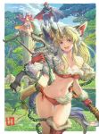  2girls absurdres alternate_costume angela_(seiken_densetsu_3) animal_ears bikini blonde_hair boobplate boots breastplate breasts cape chain cleavage cloak english_commentary fur_trim haccan hawkeye_(seiken_densetsu_3) highres horned_headwear long_hair looking_at_viewer low-tied_long_hair mask mask_removed multiple_girls official_art pelt pillar plant polearm pond riesz seiken_densetsu seiken_densetsu_3 side-tie_bikini single_thighhigh sitting smile spear square_enix swimsuit thigh_boots thigh_gap thighhighs tree weapon wolf_ears 