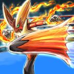  blaziken boxing_ring claws closed_mouth commentary_request fire gen_3_pokemon glowing green_eyes hands_up kaosu_(kaosu0905) kicking looking_to_the_side mega_blaziken mega_pokemon motion_lines pokemon pokemon_(creature) solo 