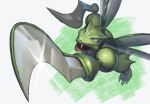  blue_eyes claws commentary_request fangs gen_1_pokemon glint insect_wings no_humans open_mouth pokemon pokemon_(creature) scyther solo supearibu wings 