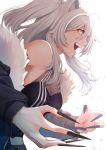  1girl animal_ears armpit_peek black_nails claws grey_eyes grey_hair highres hololive lion_ears mikan_(chipstar182) off-shoulder_jacket open_hands open_mouth shishiro_botan solo virtual_youtuber 