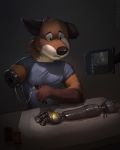  4:5 amputee anthro canid canine canis clothing cybernetics cyborg detached_arm disability domestic_dog kan katarhein machine male mammal missing_arm prosthetic prosthetic_arm prosthetic_limb repair shirt solo topwear 