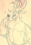  2020 anthro antlers beastars belly cervid cervine clothed clothing eyewear flower fur glasses grin half-length_portrait hi_res holding_flower holding_object horn looking_at_viewer male mammal mature_male monochrome musclegut navel nipples oguma_(beastars) open_clothing open_shirt open_topwear overweight pecs plant portrait red_deer rose_(flower) seductive shirt slightly_chubby smile solo sparkles topwear traditional_media_(artwork) wuffinarts 