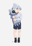  1boy beldum black_shorts blush closed_mouth collared_shirt commentary gen_3_pokemon highres holding holding_pokemon long_sleeves male_focus one_eye_closed pokemon pokemon_(creature) pokemon_(game) pokemon_rse shirt shoes short_hair shorts signature silver_hair smile socks spiked_hair spread_fingers steven_stone watermark white_shirt xia_(ryugo) younger 