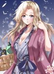  1girl artist_logo basin bath_yukata blonde_hair breasts cleavage commentary_request failure_penguin grey_eyes happi highres hornet_(kantai_collection) japanese_clothes kantai_collection kentan_(kingtaiki) kimono large_breasts long_hair looking_at_viewer solo squeeze_bottle upper_body yukata 