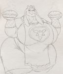  2020 anthro apron big_breasts black_and_white breasts cleavage clothed clothing delta_rune_(emblem) dessert dress eon54 eyebrows eyelashes fangs female floppy_ears food handwear head_tuft hi_res holding_object horn huge_breasts huge_thighs hyper hyper_breasts hyper_thighs looking_aside monochrome oven_mitts overweight overweight_female pie portrait raised_eyebrows sketch smile solo standing steam symbol thick_thighs three-quarter_portrait tight_clothing toriel tuft undertale video_games wide_hips 