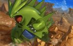  claws cloud commentary_request cracked day fangs gen_2_pokemon hunched_over no_humans open_mouth outdoors pokemon pokemon_(creature) rock shiny sky solo standing supearibu tongue tyranitar 