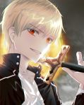  021_(_021kav) 1boy blonde_hair close-up eyebrows_visible_through_hair fate/grand_order fate_(series) flaming_sword flaming_weapon gilgamesh highres holding holding_sword holding_weapon looking_at_viewer over_shoulder red_eyes solo sword weapon 