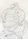  2020 activision anthro belly belly_grab belt big_belly big_tail black_and_white bottomwear canid canine canis claws clothed clothing crash_bandicoot_(series) crocodile crocodilian crocodylid dingo dingodile eon54 fangs hand_on_stomach hi_res hybrid looking_at_viewer male mammal monochrome muscular navel obese open_clothing open_topwear open_vest overweight overweight_male pants reptile scalie sketch smile solo standing thick_thighs tight_clothing topwear vest video_games wide_hips 
