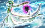  :o brown_eyes cloud commentary_request day gardevoir gen_3_pokemon glowing kaosu_(kaosu0905) open_mouth outdoors outstretched_arm pokemon pokemon_(creature) sky snow snowing solo tongue tree 