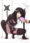  +++ 1girl architect_(girls_frontline) black_hair blush bound breasts chain chained doughnut food girls_frontline highres incoming_food karasu_hito long_hair medium_breasts no_shoes open_mouth pale_skin sangvis_ferri side_ponytail solo_focus squatting tied_up tiptoes tongue tongue_out very_long_hair 