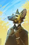  2020 5_fingers african_wild_dog anthro black_nose canid canine clothed clothing digital_media_(artwork) fingers hi_res male mammal neotheta smile solo yellow_eyes 