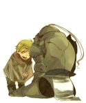 1boy ^_^ alphonse_elric apron armor bangs black_pants blonde_hair blush blush_stickers brown_neckwear brown_scarf brown_theme child closed_eyes commentary_request eishi2003 elbow_spikes eyebrows_visible_through_hair facing_viewer from_behind full_armor full_body fullmetal_alchemist happy helmet hollow laughing leaning leaning_forward legs_apart lowres male_focus no_nose one_eye_covered open_mouth pants partial_commentary scarf shoulder_spikes simple_background smile spikes standing striped striped_scarf swept_bangs tareme teeth upper_teeth waist_apron white_background winter_clothes younger 
