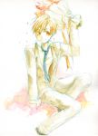  1boy alphonse_elric apiyochi arm_support black_footwear blonde_hair blue_neckwear blush bouquet closed_mouth collared_shirt colored_pencil_(medium) commentary_request eyebrows_visible_through_hair facing_viewer flower formal fullmetal_alchemist gradient gradient_background grey_jacket grey_pants hair_between_eyes hand_up happy high_collar holding holding_bouquet jacket leg_up looking_to_the_side male_focus necktie open_clothes open_jacket orange_background orange_flower orange_ribbon pale_color pants petals pink_background red_flower ribbon shaded_face shirt simple_background sitting smile suit tareme traditional_media watercolor_(medium) white_background white_shirt yellow_eyes 