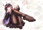  1girl azur_lane black_cardigan black_hair black_legwear black_serafuku black_shirt black_skirt brown_legwear cardigan falling_petals feet hair_ornament hairclip horns long_hair midriff_peek neckerchief noshiro_(azur_lane) oni_horns open_cardigan open_clothes pantyhose purple_eyes sailor_collar school_uniform serafuku shirt skirt uniform user_gpxa8843 white_sailor_collar x_hair_ornament 