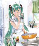  6+girls =_= ahoge apron aqua_eyes aqua_hair aqua_neckwear bare_shoulders black_legwear black_skirt black_sleeves book bottle clone commentary cookbook cooking detached_sleeves eating finger_to_chin frilled_apron frills frying_pan grey_shirt hair_ornament hatsune_miku headphones headset holding holding_frying_pan in_pocket indoors kitchen long_hair mayo_riyo minigirl multiple_girls necktie note open_book parted_lips pleated_skirt pointing reading refrigerator shared_book shirt sitting skirt sleeveless sleeveless_shirt spice spring_onion spring_onion_print thighhighs thinking translated twintails very_long_hair vocaloid white_apron window 
