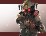  1other apex_legends belt blood bloodhound_(apex_legends) bloody_knife combat_knife gas_mask goggles hat highres holding holding_knife houtengeki knife mask mouth_mask red-tinted_eyewear reverse_grip shoulder_pads solo utility_belt weapon 