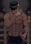  1boy abs bandages black_hair blue_pants brown_eyes chest chest_scar facial_scar golden_kamuy hat highres imperial_japanese_army kepi male_focus military military_hat military_uniform muscle navel pants scar scar_on_cheek shirtless short_hair solo sugimoto_saichi tonta_(tonta1231) uniform 