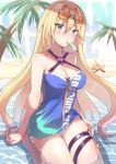  1girl absurdres areeze bare_legs barefoot beach bianka_durandal_ataegina blonde_hair blue_eyes blue_shirt blush breasts character_name cleavage commentary_request day eyewear_on_head food food_in_mouth hair_between_eyes halterneck highres holding holding_food honkai_(series) honkai_impact_3rd long_hair medium_breasts mouth_hold orange-tinted_eyewear palm_tree partially_submerged popsicle seiza shirt sitting solo summer sunglasses thigh_strap tree very_long_hair 