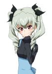  1girl anchovy_(girls_und_panzer) arm_behind_back back_bow bangs black_ribbon black_sweater blue_dress blush bow casual closed_mouth commentary_request dress drill_hair eyebrows_visible_through_hair fingersmile girls_und_panzer green_hair hair_ribbon kayabakoro long_hair long_sleeves looking_at_viewer pinafore_dress red_eyes ribbon sleeves_past_wrists smile solo standing sweater twin_drills twintails upper_body v 