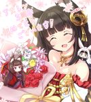  &gt;_&lt; 3girls :d ^_^ ^o^ amagi_(azur_lane) animal_ears aqua_eyes azur_lane bare_shoulders bird black_hair blush bouquet breasts bunny_ears carrying cat cherry_blossoms chibi chick cleavage closed_eyes collarbone commentary_request detached_sleeves dress eyeshadow floral_background flower fox_ears fox_girl fox_tail hair_ornament headband highres hiryuu_(azur_lane) holding holding_umbrella honyara-san jewelry kyuubi long_hair looking_at_viewer makeup manjuu_(azur_lane) meowfficer_(azur_lane) multiple_girls multiple_tails nagato_(azur_lane) necklace off-shoulder_dress off-shoulder_shirt off_shoulder open_mouth oriental_umbrella ponytail red_flower red_rose rose shirt simple_background size_difference smile tail thick_eyebrows translation_request umbrella white_hair 