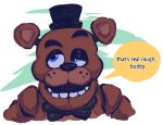  ambiguous_gender animatronic anthro blue_eyes bow_tie brown_body clothing dialogue five_nights_at_freddy&#039;s freckles freddy_(fnaf) hat headgear headshot_portrait headwear looking_away machine mammal open_mouth portrait robot skylordlysander solo speech_bubble talking_to_viewer text ursid ursine video_games 