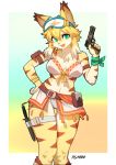  2020 5_fingers absurd_res anthro belt black_nose breasts clothed clothing cute_fangs eyewear felid female fingers fur goggles green_eyes gun hair hand_on_hip handgun hi_res holding_object holding_weapon kemono knife looking_at_viewer mammal mia_(world_flipper) multicolored_body multicolored_fur navel open_mouth pantherine pgm300 portrait ranged_weapon solo stripes three-quarter_portrait tiger trigger_discipline weapon world_flipper yellow_body yellow_fur 