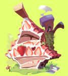 1girl bangs black_hair bridge cake cake_slice chimney donuttypd food fruit green_background holding holding_plate house mailbox_(incoming_mail) on_roof original plant plate raspberry simple_background solo strawberry strawberry_shortcake tile_roof wide_shot 