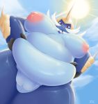  anthro belly belly_overhang big_belly big_breasts breasts curves fat_rolls female first_person_view fupa fur genitals hi_res holding_(disambiguation) huge_breasts looking_at_viewer navel nintendo nipples obese overweight overweight_anthro overweight_female pok&eacute;mon pok&eacute;mon_(species) pussy samurott sky slightly_chubby soft solo squish summer sun thaasteo video_games warm 