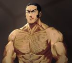  1boy bara black_eyes black_hair blood chest chest_hair facial_hair golden_kamuy hairy highres male_focus manly muscle navel_hair nipples nosebleed nude sendo_k short_hair sideburns stubble tanigaki_genjirou thick_eyebrows upper_body 