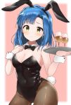  1girl animal_ears bad_id bad_twitter_id balloom_17 bangs black_legwear black_leotard black_neckwear blue_hair blush bow bowtie breasts bunny_ears bunny_tail cleavage closed_mouth collar commentary cup detached_collar drinking_glass fake_animal_ears frown hand_on_own_chest holding holding_tray idolmaster idolmaster_shiny_colors leotard looking_at_viewer medium_breasts medium_hair nanao_yuriko pantyhose playboy_bunny solo standing strapless strapless_leotard tail thighs tray white_collar wine_glass wing_collar wrist_cuffs yellow_eyes 
